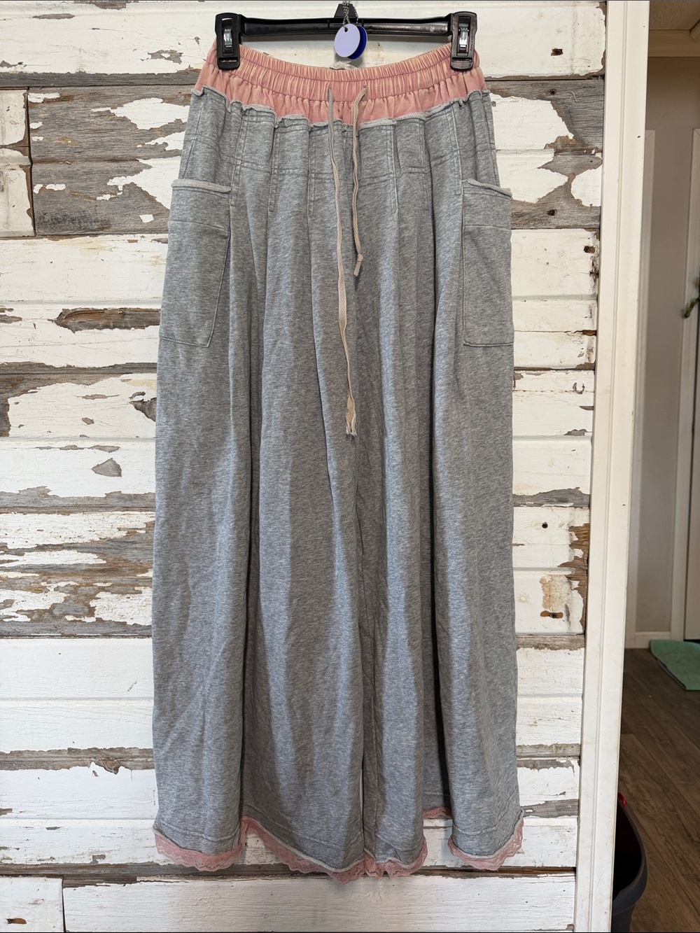Oli & Hali Gray Wide-Leg Maxi Pants with Pink Waistband